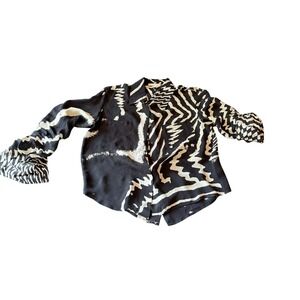 Chelsea Flower Silk Blouse Black White Abstract Zebra Print Roll Tab Sleeve XS